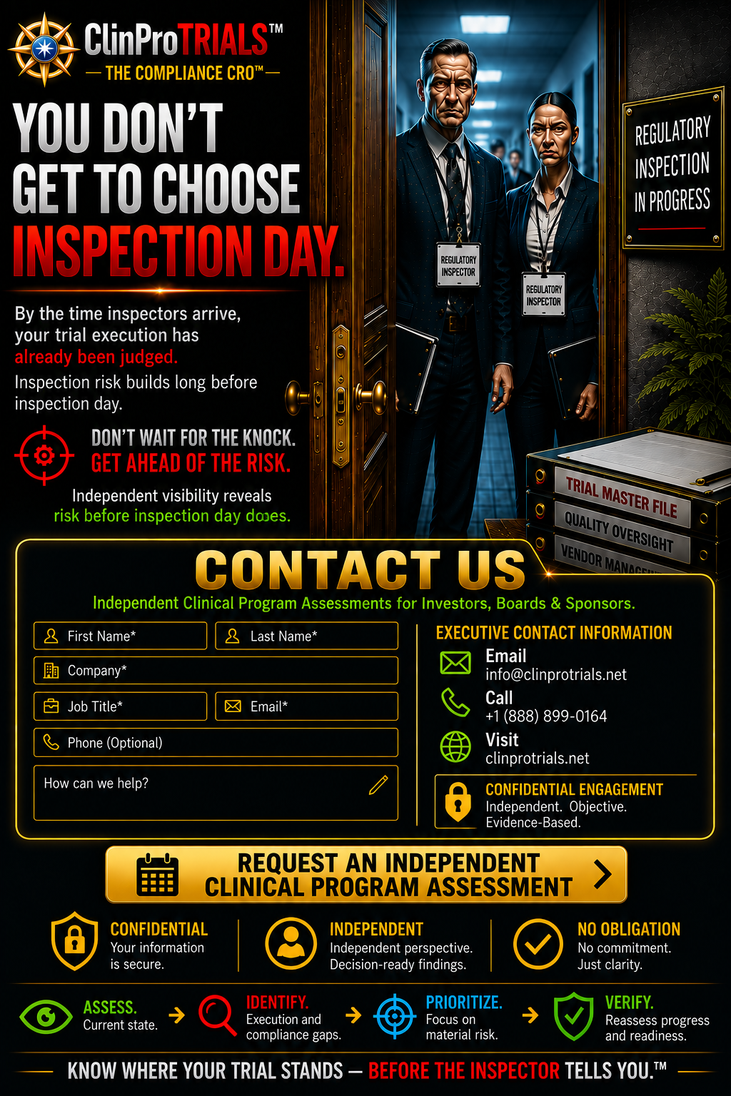 ClinPro Trials contact page: You don't get to choose inspection day.